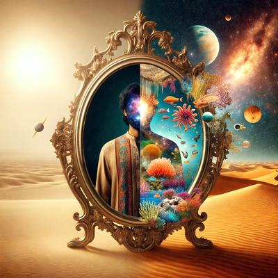 The primary subject of the image is a man, who is depicted in two different ways. One version of the man is shown in a mirror, while the other version is shown as a painting. The setting is a desert, with a sandy surface visible in the background. The visual style of the image is a combination of photo and digital art, creating a unique and intriguing representation of the man. The colors and mood of the image are predominantly earthy tones, with a sense of mystery and intrigue.